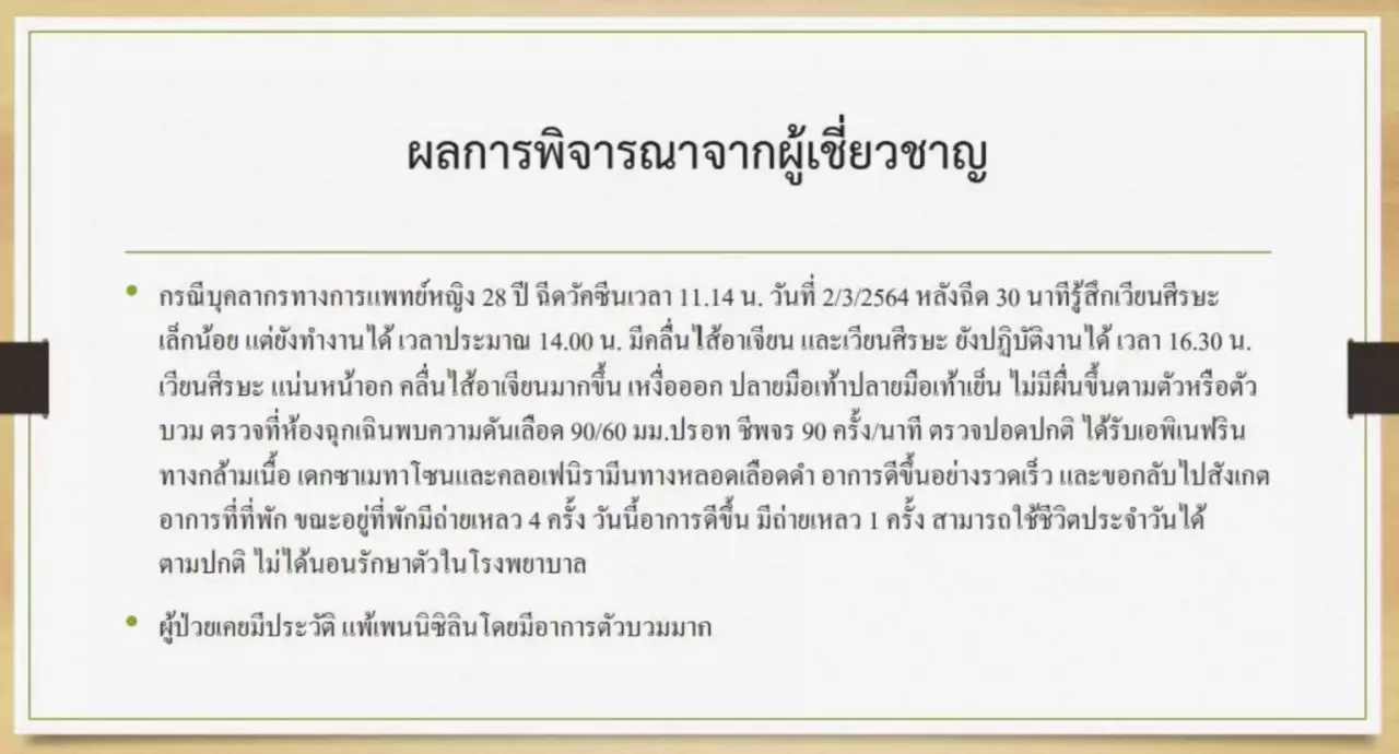 สรุปเบื้องต้น บุคลากรทางการแพทย์หญิงไม่ได้แพ้วัคซีนโควิด เป็นอาการข้างเคียง