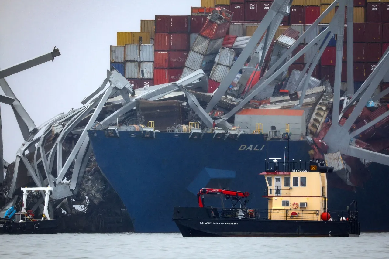 The situation after a large cargo ship collided with a bridge in Baltimore, Maryland, in the United States, leading to its collapse on March 26, 2024.