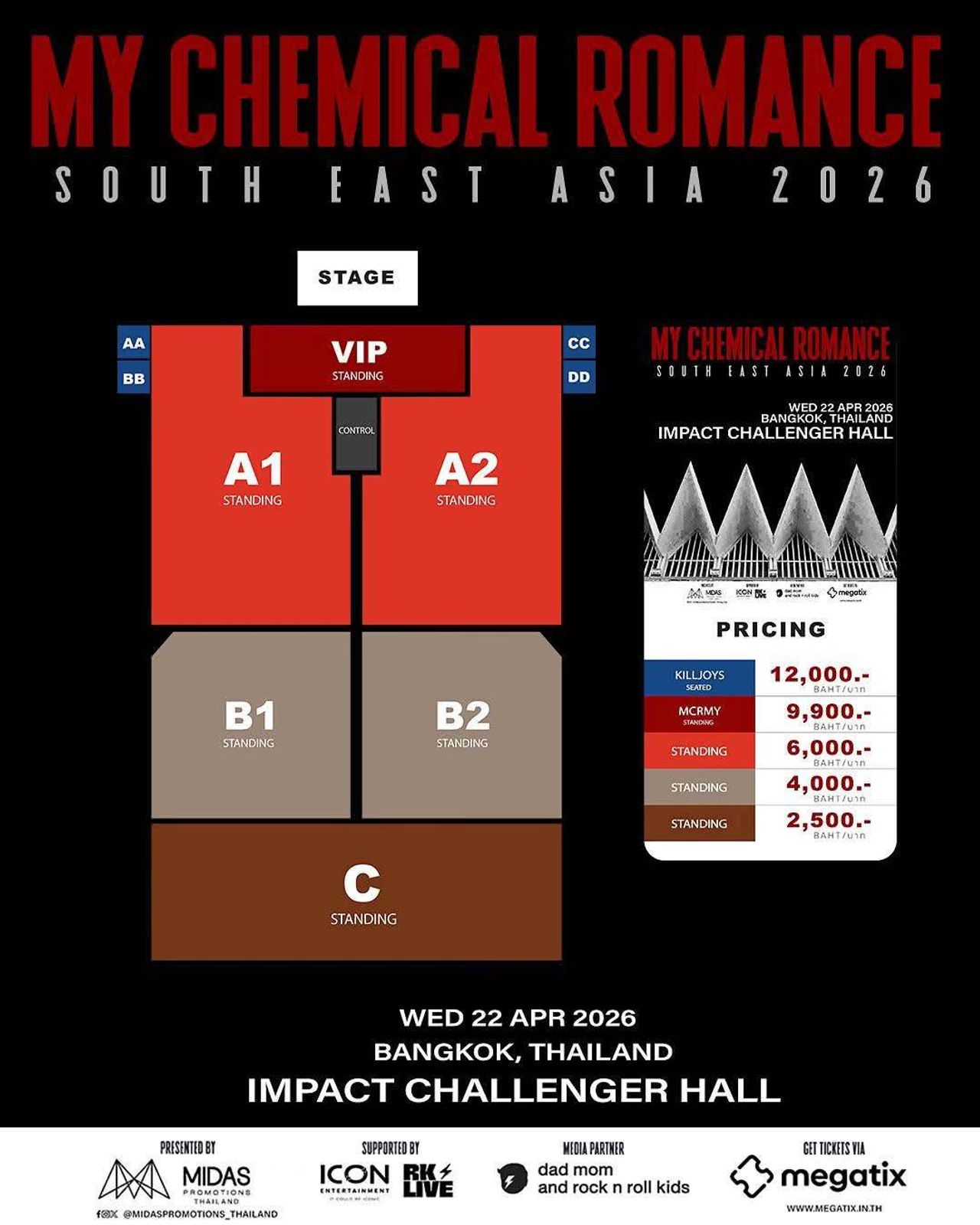 ผังคอนเสิร์ต My Chemical Romance มีกำหนดมาแสดงในไทย วันที่ 22 เมษายน 2026