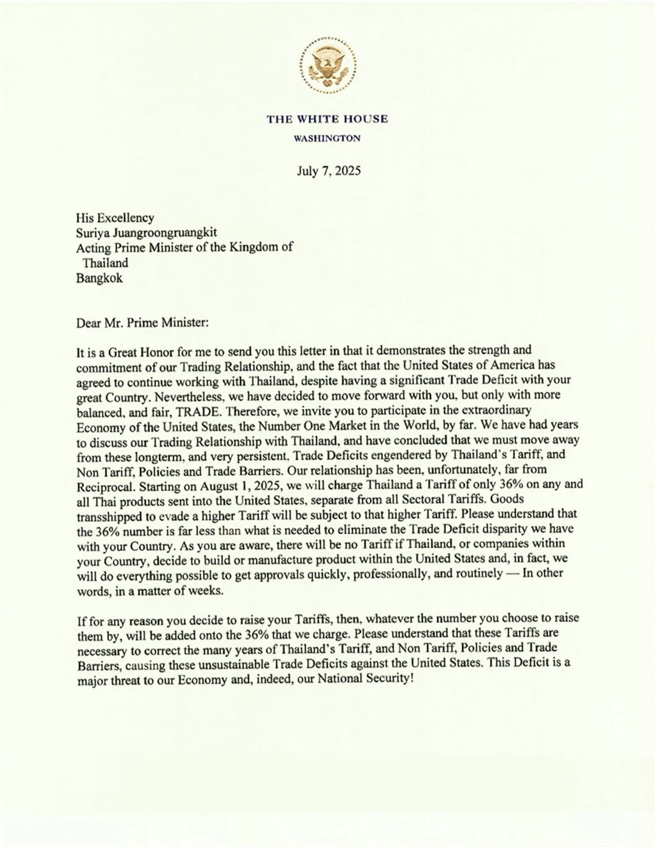 เปิดจดหมายสหรัฐฯ ร่อนถึงไทย แจ้งกำแพงภาษี 36% อ้างขาดดุลการค้า