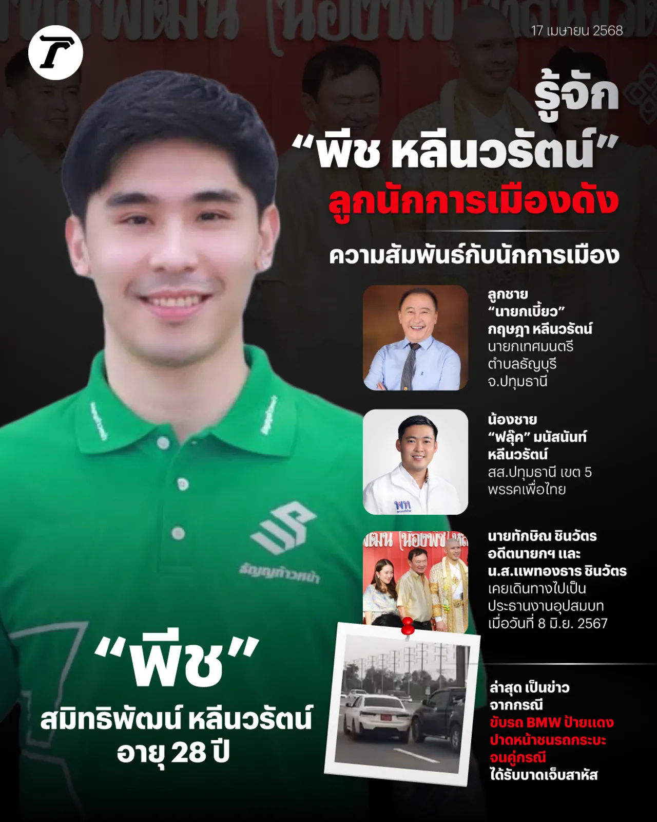 ประวัติ สมิทธิพัฒน์ หลีนวรัตน์ ทายาทตระกูลการเมืองปทุมฯ คลิปดัง BMW ป้ายแดง