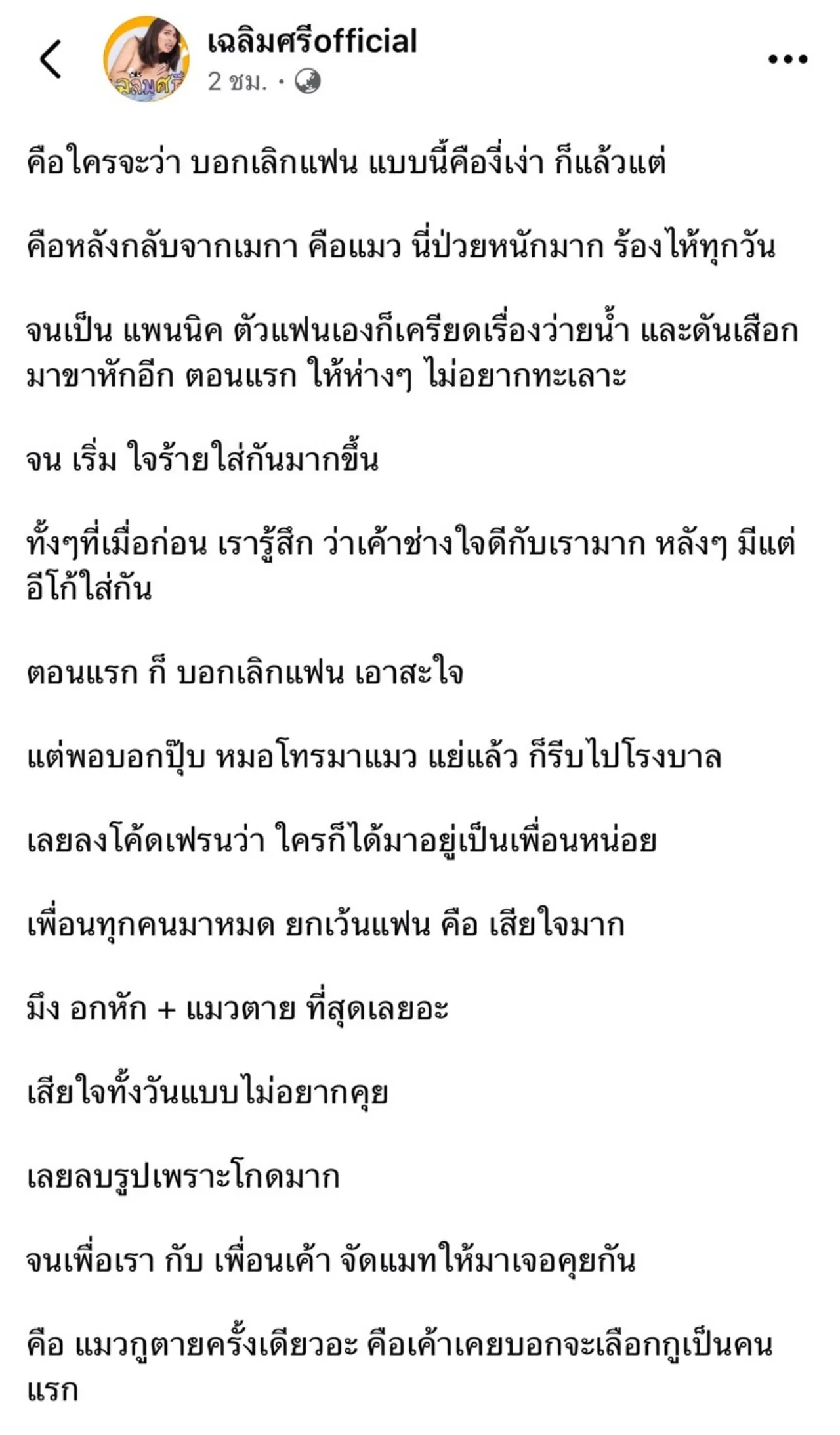มิกซ์ เฉลิมศรี ประกาศเลิก ฉลามจัส เสียใจแมวตายแต่แฟนไม่มาหา ใครจะว่างี่เง่าก็แล้วแต่