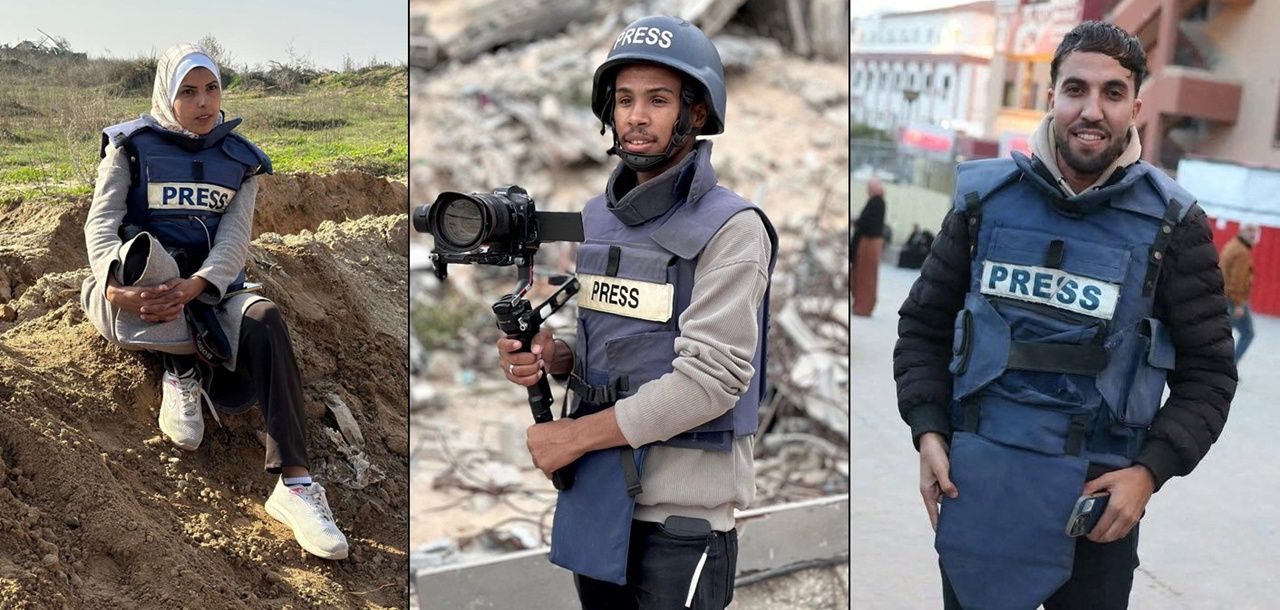 จากซ้าย มาเรียม ดักกา, โมอัมหมัด ซาลามา และ โมอาซ อาบู ทาฮา นักข่าวที่เสียชีวิตในการโจมตีล่าสุดของอิสราเอล