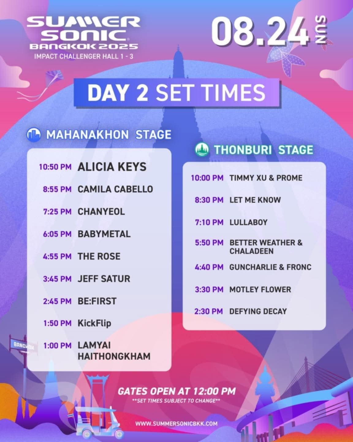 ตารางเวลาแสดงของศิลปินในเทศกาลดนตรี Summer Sonic Bangkok 2025 วันที่ 24 สิงหาคม 2025