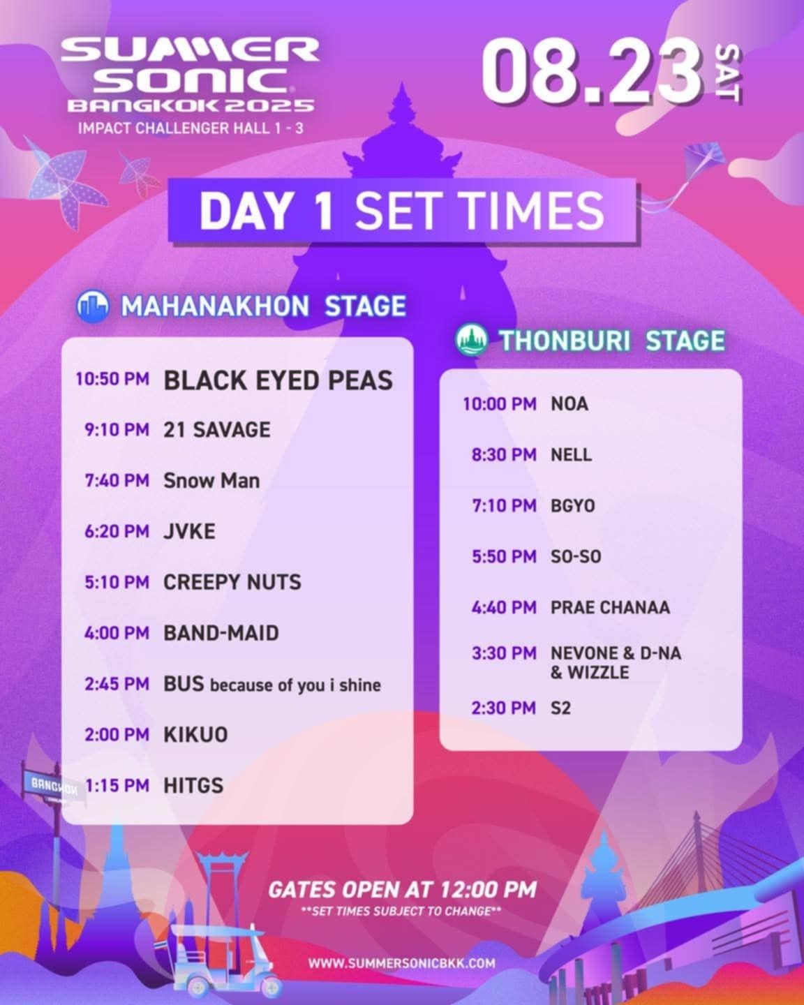 ตารางเวลาแสดงของศิลปินในเทศกาลดนตรี Summer Sonic Bangkok 2025 วันที่ 23 สิงหาคม 2025