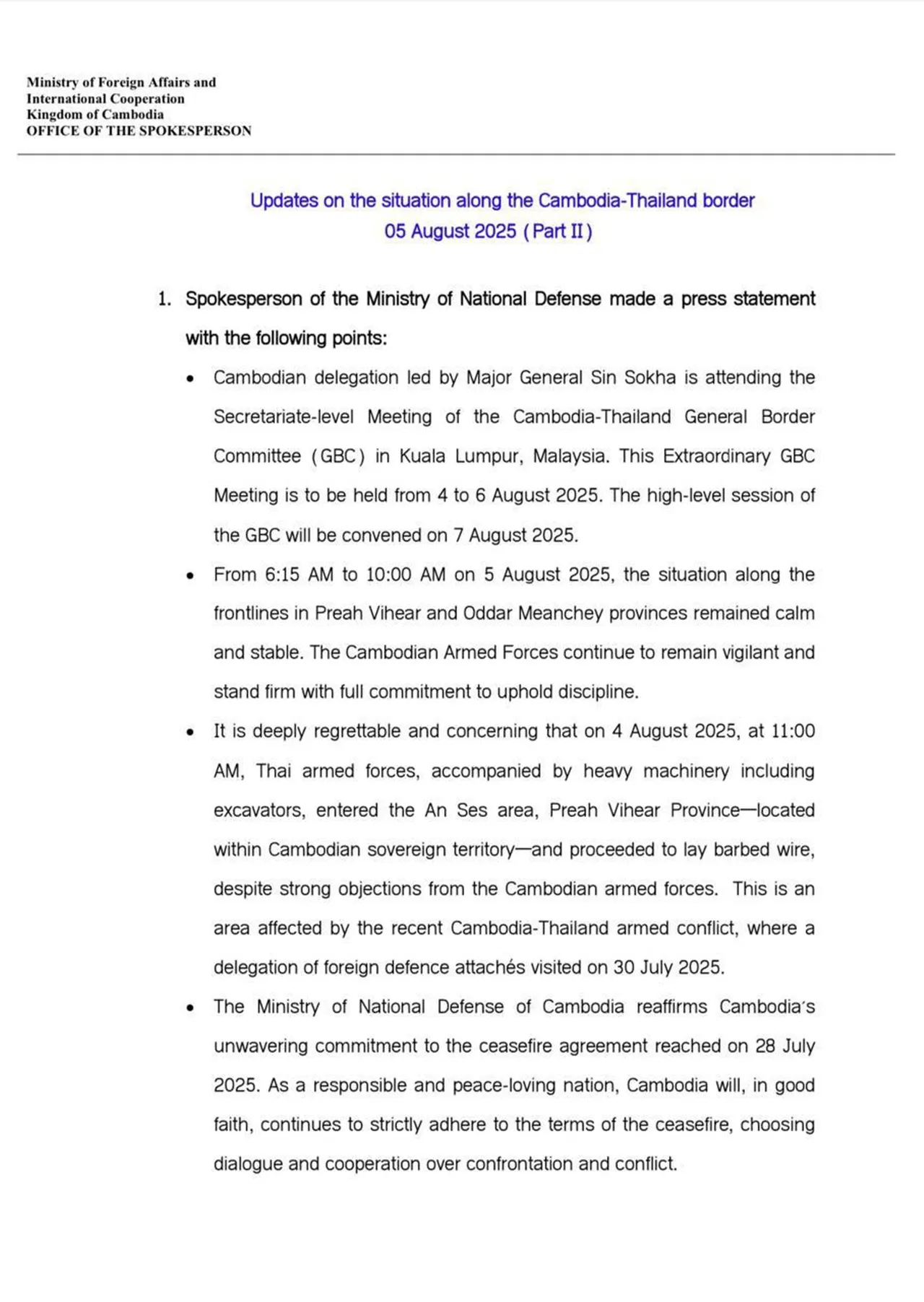 กัมพูชากล่าวหาไทย ขนเครื่องจักรหนักรุกล้ำพื้นที่ จี้ทำตามข้อตกลงหยุดยิง