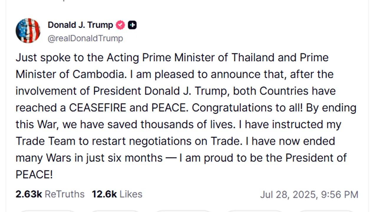 ทรัมป์ยินดี ไทย-กัมพูชาตกลงหยุดยิง สั่งทีมเตรียมกลับมาเจรจาการค้า