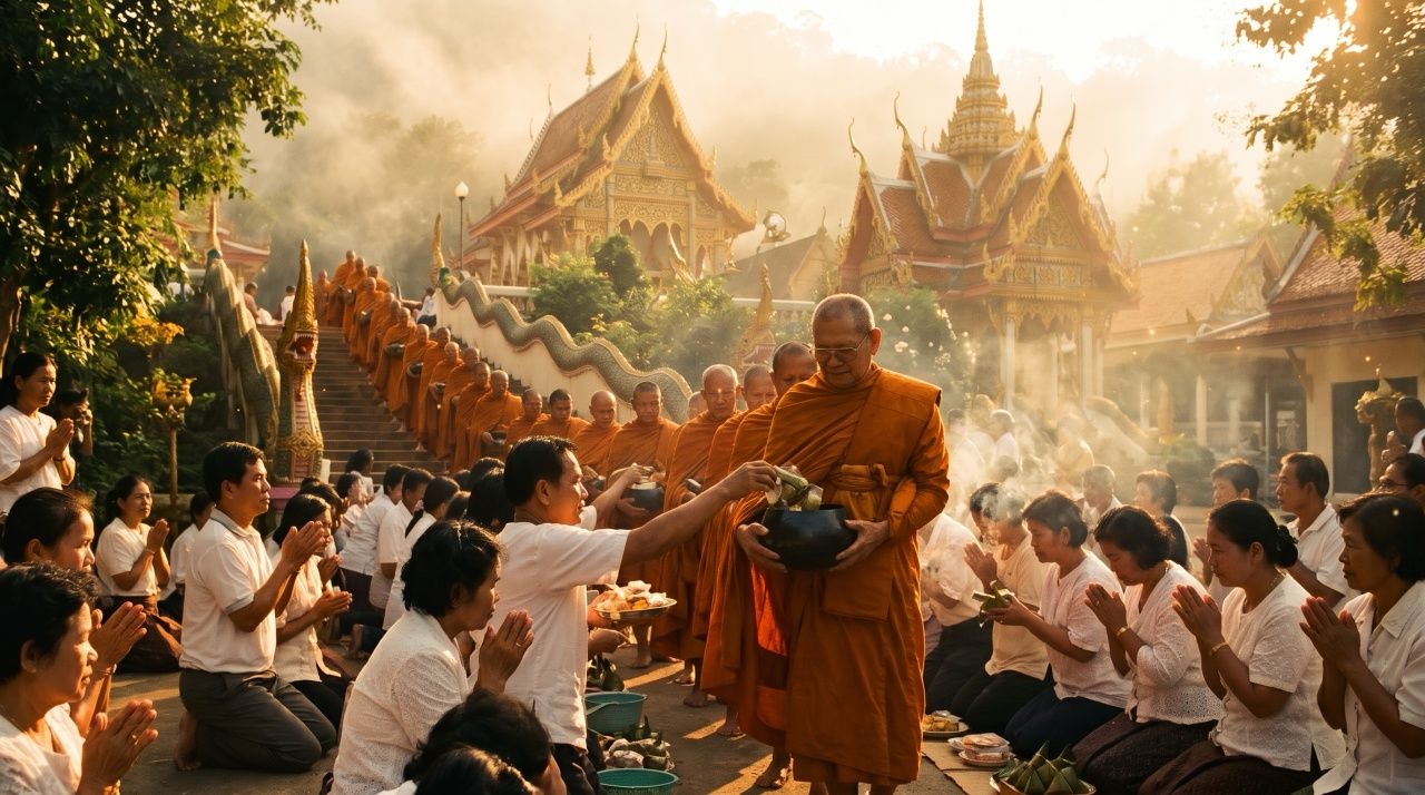 บรรยากาศการทำบุญตักบาตรช่วงวันออกพรรษาเพื่ออุทิศส่วนกุศลให้บรรพบุรุษ