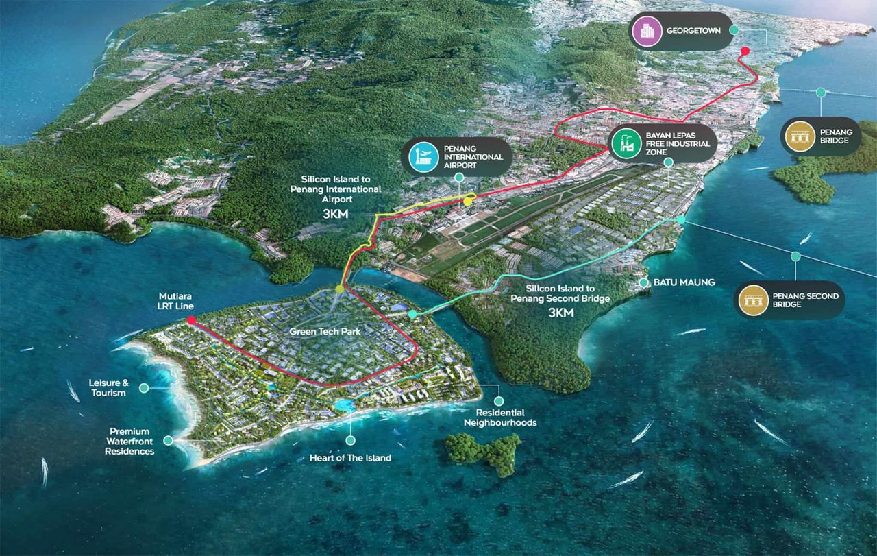 Silicon Island จะตั้งอยู่ทางตอนใต้ของเกาะปีนัง เชื่อมต่อกับแผ่นดินใหญ่ ใกล้กับสนามบินและโซนอุตสาหกรรมเดิม