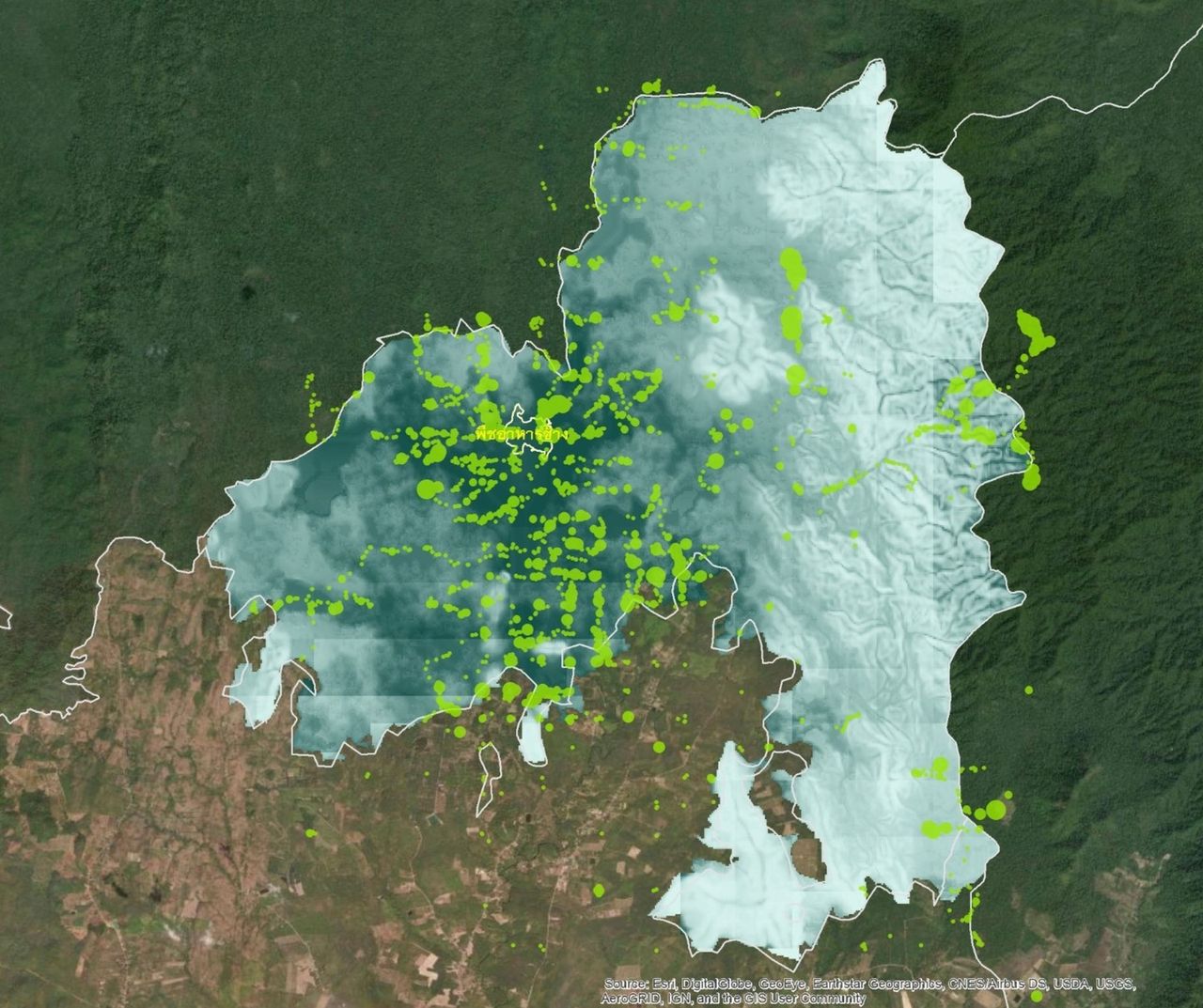 แผนที่การกระจายช้างป่า 2564 (ที่มา : ศูนย์วิจัยและพัฒนานวัตกรรมอุทยานแห่งชาติ จังหวัดเพชรบุรี กรมอุทยานฯ)