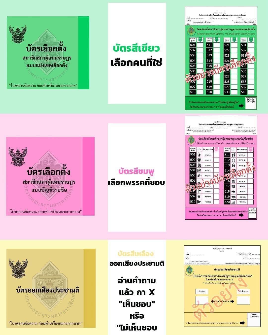 ตัวอย่างบัตรเลือกตั้ง 2569 มีทั้งหมด 3 สี จำให้แม่น : สีเขียว = เลือกคน, สีชมพู = เลือกพรรค, สีเหลือง = เห็นชอบหรือไม่ (ที่มาของภาพ : กกต.)