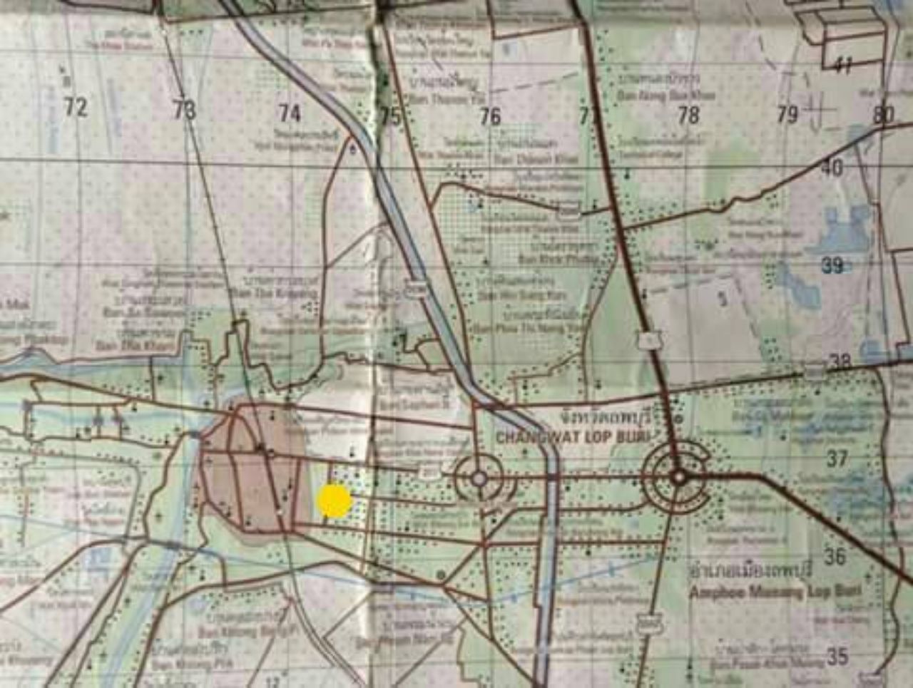 ภาพถ่ายอากาศเมืองลพบุรี จุดสีเหลือง คือ วัดสันเปาโล