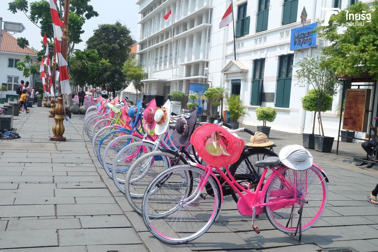 จักรยานสีสันสะท้อนแสงจอดเรียงราย