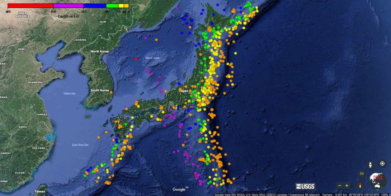 ภาพจาก กรมสำรวจธรณีวิทยาแห่งสหรัฐอเมริกา หรือ USGS แสดงให้เห็นการเกิดแผ่นดินไหวในประเทศญี่ปุ่นและบริเวณโดยรอบเมื่อปี 2018