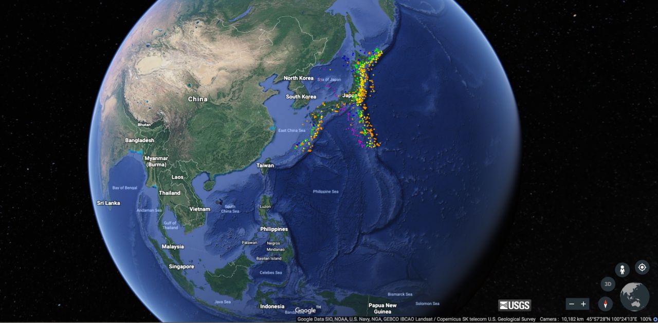 ภาพจาก กรมสำรวจธรณีวิทยาแห่งสหรัฐอเมริกา หรือ USGS แสดงให้เห็นการเกิดแผ่นดินไหวในประเทศญี่ปุ่นและบริเวณโดยรอบเมื่อปี 2018