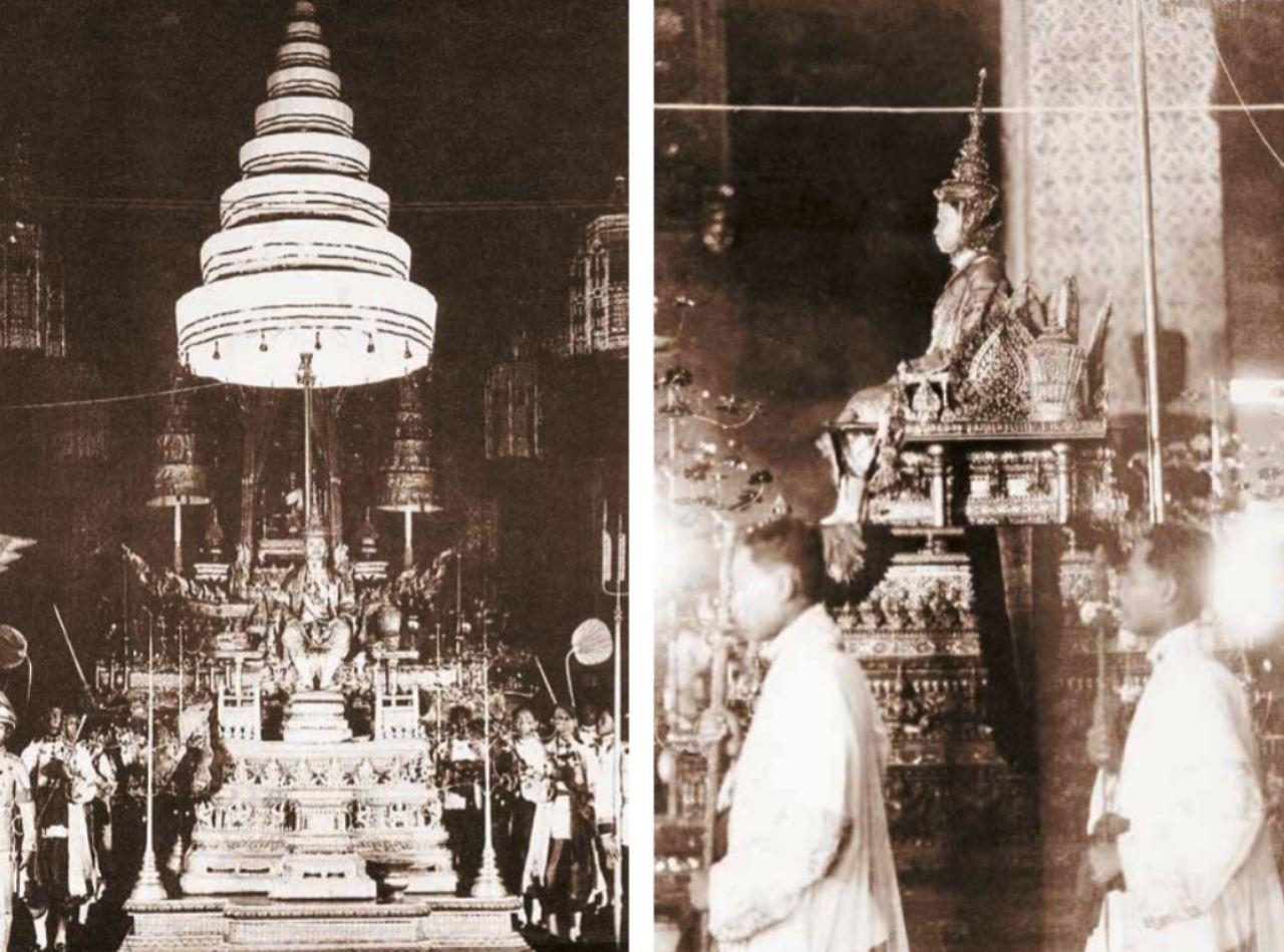 พระบาทสมเด็จพระปกเกล้าเจ้าอยู่หัว ประทับพระที่นั่งพุดตานกาญจนสิงหาสน์บนพระแท่นราชบัลลังก์ภายใต้นพปฎลมหาเศวตฉัตร โปรดเกล้าฯ ให้ผู้แทนพระราชาธิบดี ประธานาธิบดี คณะทูตานุทูต และข้าทูลละอองธุลีพระบาท เฝ้าฯ ถวายพระพรชัยมงคล ณ พระที่นั่งอมรินทรวินิจฉัย เมื่อ 25 กุมภาพันธ์ 2468