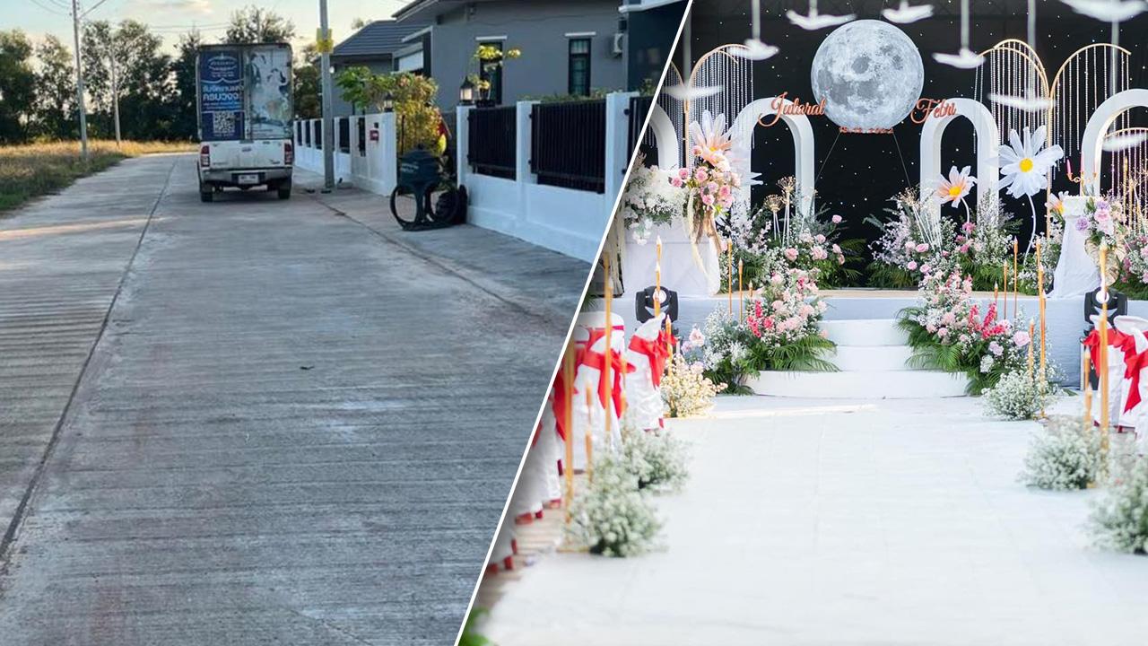 งานแต่งสุดปัง เนรมิต "ถนนหมู่บ้าน" ให้กลายเป็นอุโมงค์พระจันทร์ยิ่งใหญ่อลังการ