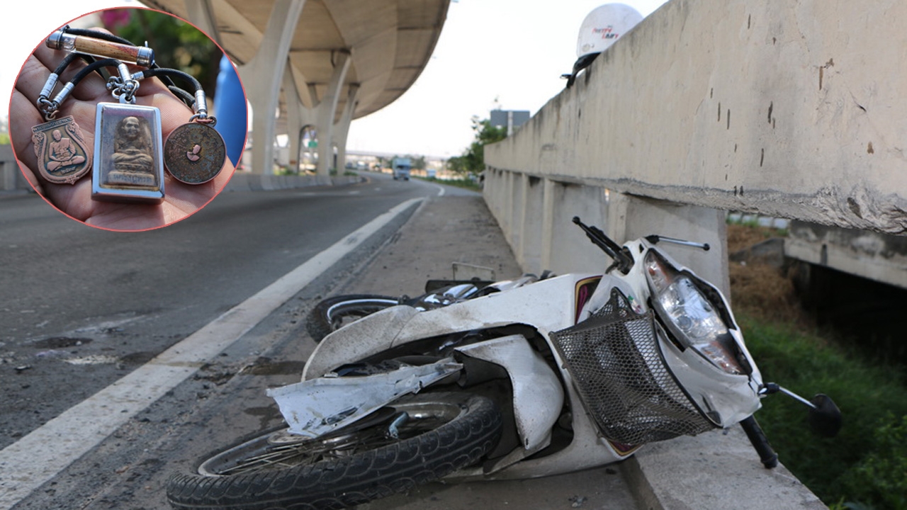  จยย.ไถล 18 ล้อ บี้พังยับ หนุ่มรอดปาฏิหาริย์ เชื่อบารมีหลวงปู่ทวด