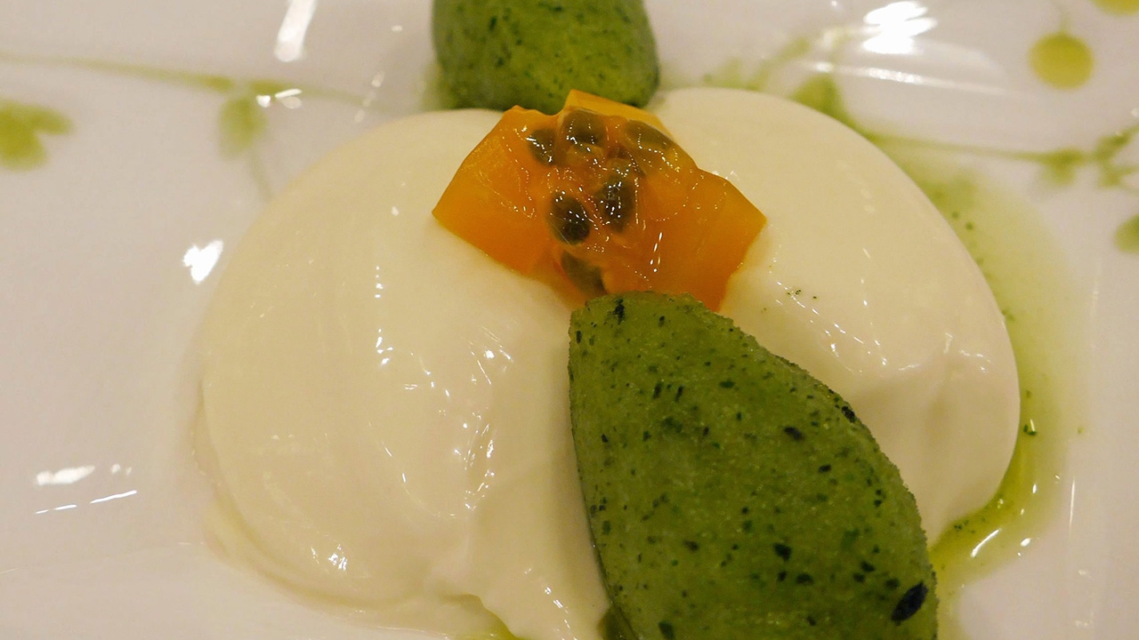 Brown Sugar Panna Cotta with Basil Sorbet