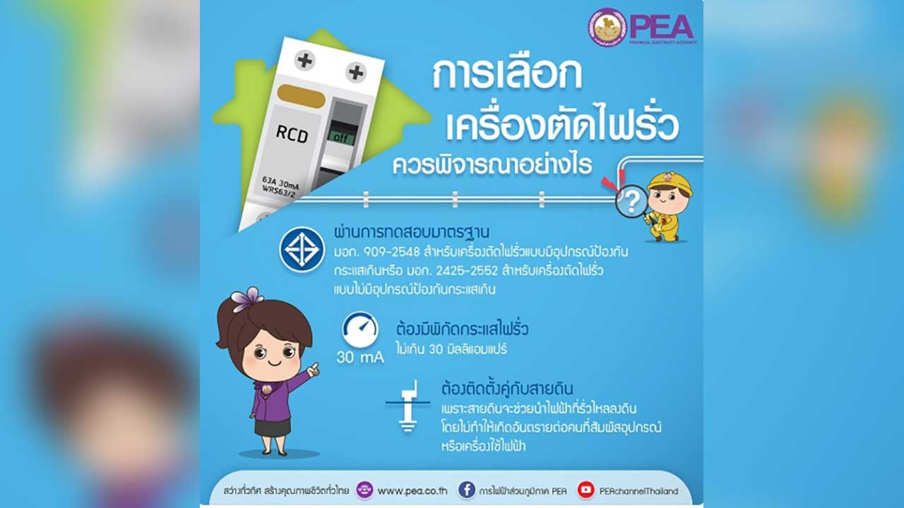 PEA แนะนำติดตั้งเครื่องตัดไฟรั่ว RCD เพื่อป้องกันอันตรายที่อาจเกิดขึ้นจากเครื่องใช้ไฟฟ้า