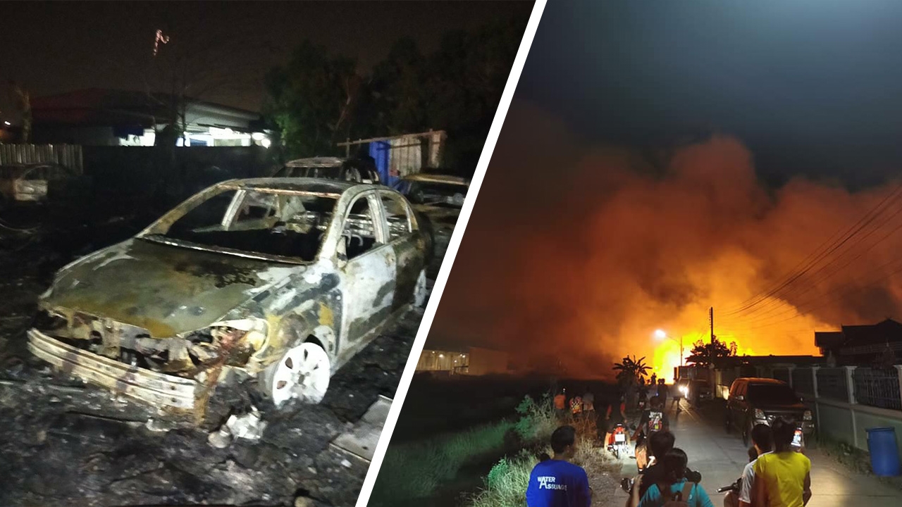 ไฟไหม้ป่าหญ้าลามเข้าอู่เก็บซากรถยนต์ ถังแก๊สระเบิดบึมสนั่น เสียหายยับ