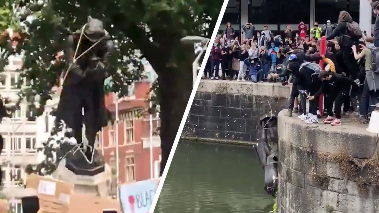 ม็อบอังกฤษประท้วงต้านเหยียดผิว รุมโค่นรูปปั้นพ่อค้าทาสโยนลงแม่น้ำ