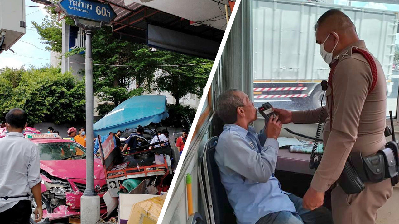 แท็กซี่เมาขับพุ่งชนวิน จยย.ปากซอยรามคำแหง 60/1 เจ็บระนาว แอลกอฮอล์ 147