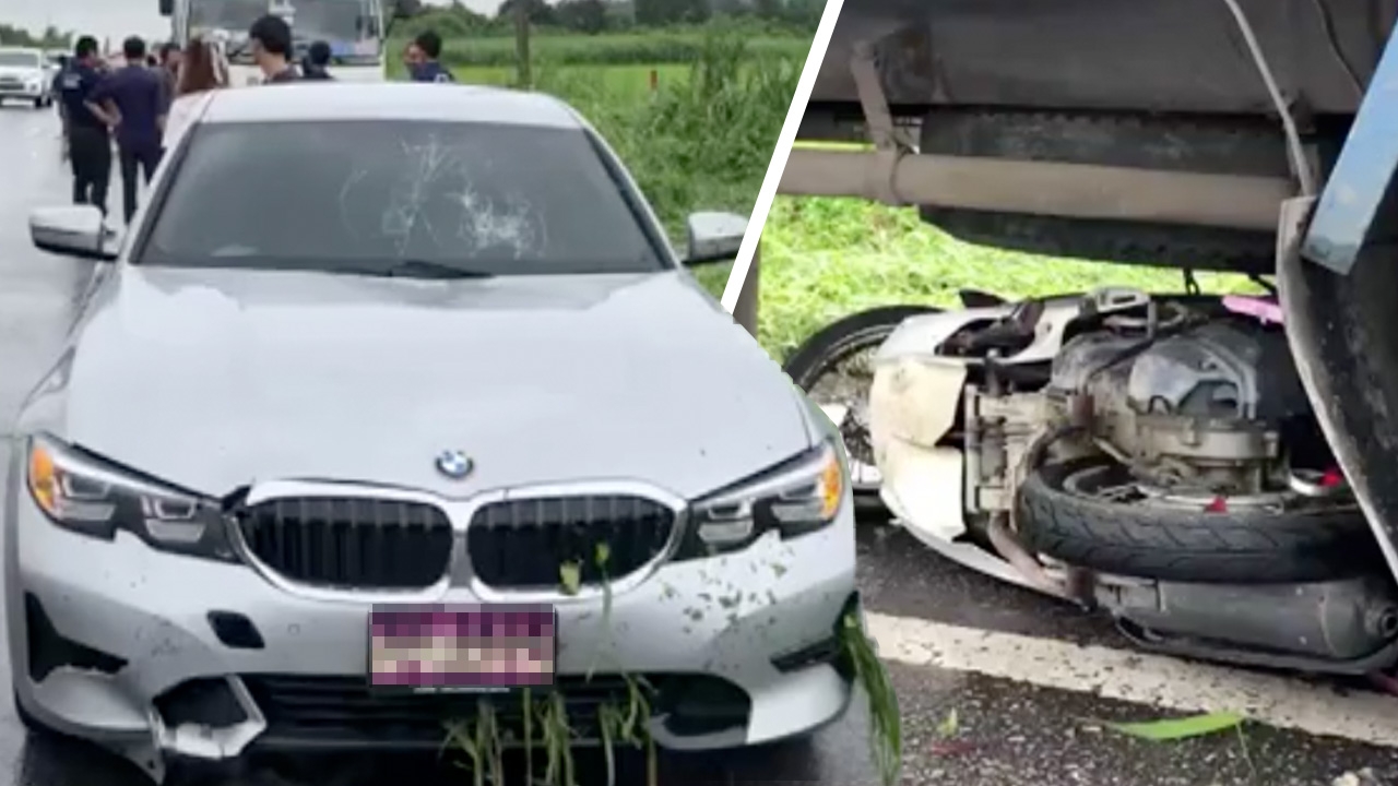 หลาน รมต.ควบบีเอ็ม เหยียบน้ำ เหินชน จยย.กระเด็นมุดใต้ 6 ล้อดับ 