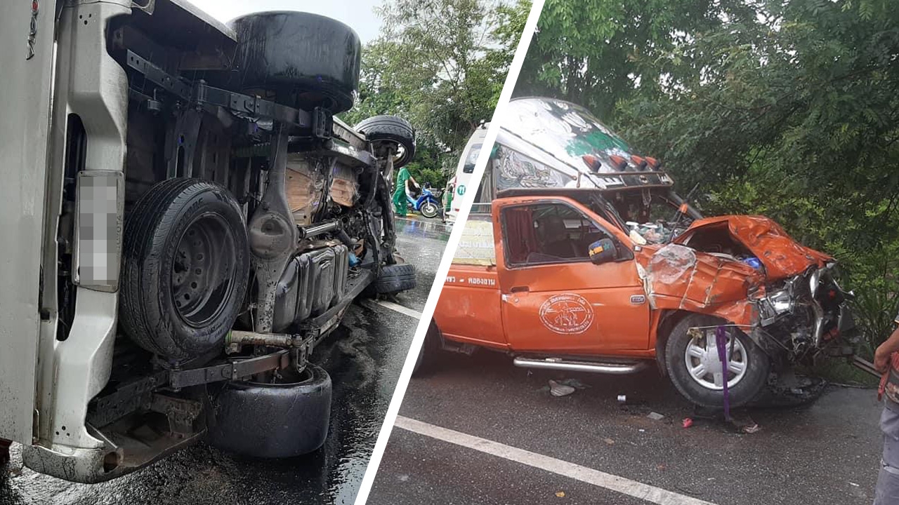 กระบะซิ่งฝ่าสายฝน ชนประสานงาสองแถว “กำแพงเพชร-คลองลาน” ดับ 3 เจ็บ 1