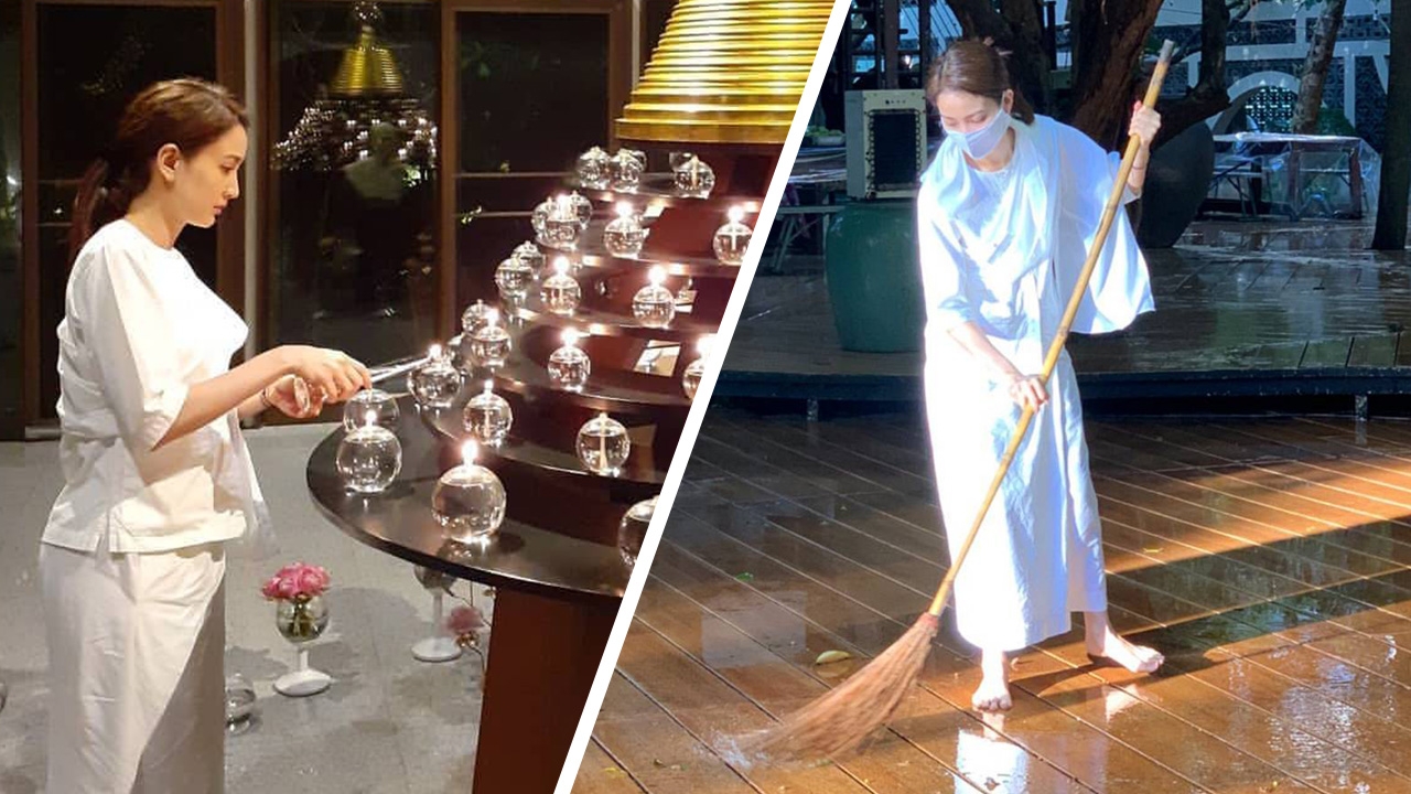 สงบจิตใจ แต้ว ณฐพร นุ่งขาวห่มขาว กวาดพื้นสถานปฏิบัติธรรม