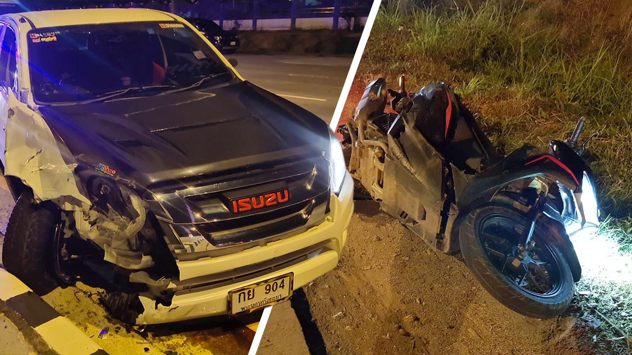 2 หนุ่มเขมรเมาเหล้า ขี่ จยย.ปาดหน้ากระบะ ถูกชนเจ็บ 1 ดับ 1 พบไอซ์ด้วย