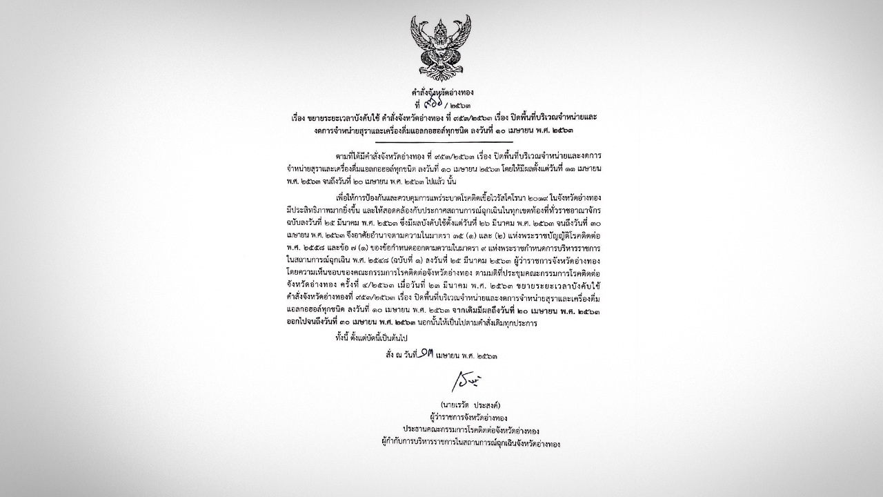“อ่างทอง” ห้ามขายเหล้า เพิ่มอีก 10 วัน ลดความเสี่ยงติดโควิด-19