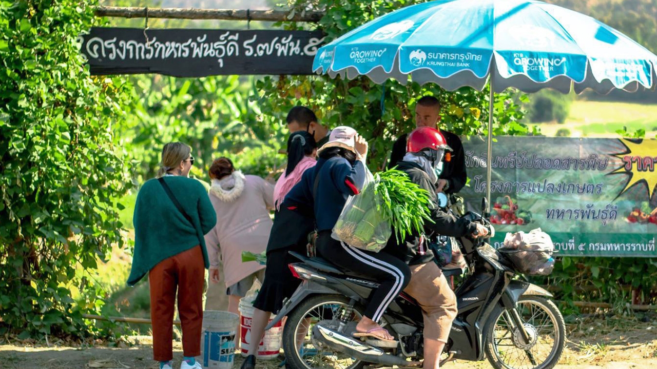 ทหาร ร.7 พัน.5 นำผักสดปลอดสาร ที่ปลูกขึ้นเองมาจำหน่ายแก่ชาวบ้านในราคาถูก