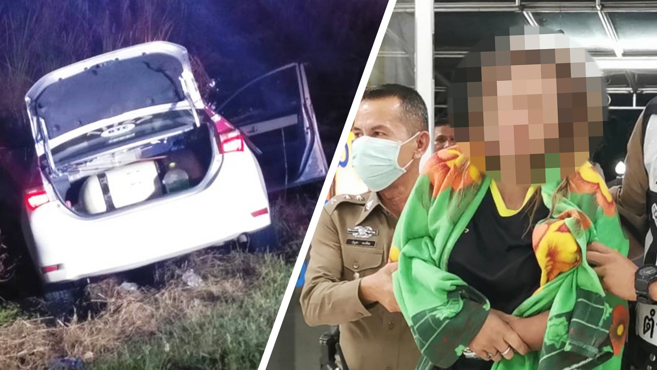 สาวใหญ่คลุ้มคลั่ง โดด "รัดคอ-กัดหู" แท็กซี่ รถตกข้างทาง หวิดดับคู่