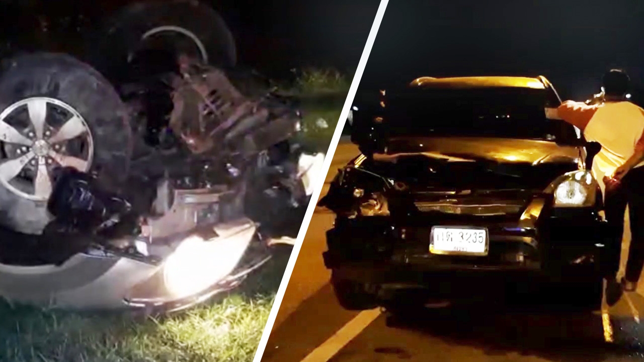 ซีอาร์วีชนวัวข้ามถนน ฟอร์จูนเนอร์ตามหลังทับซ้ำ คว่ำเจ็บ 3 