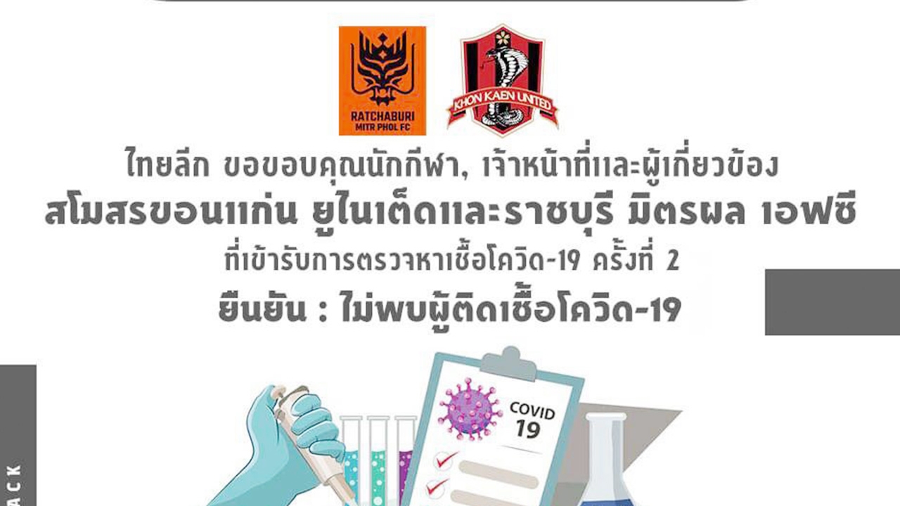 “ไทยลีก” ยืนยัน นักบอล-สตาฟฟ์ราชบุรีและขอนแก่น ไม่มีใครติดโควิด-19