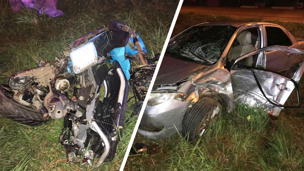 หนุ่มสกลฯ ซิ่งเก๋งเสยท้ายสาวขี่ จยย. ตกร่องกลางถนนดับทั้งคู่