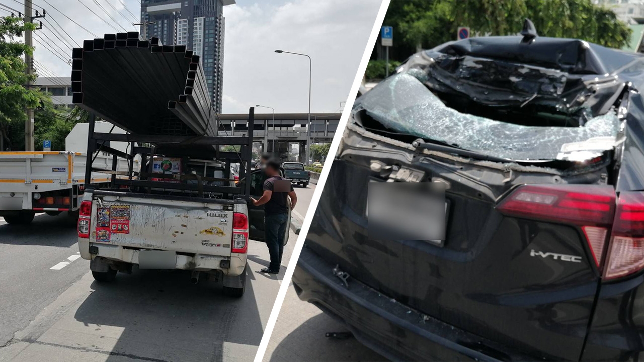 เสียววาบ ปิกอัพเบรกกะทันหัน เหล็กเส้นที่บรรทุกมา ทิ่มทะลุรถ 2 คัน 