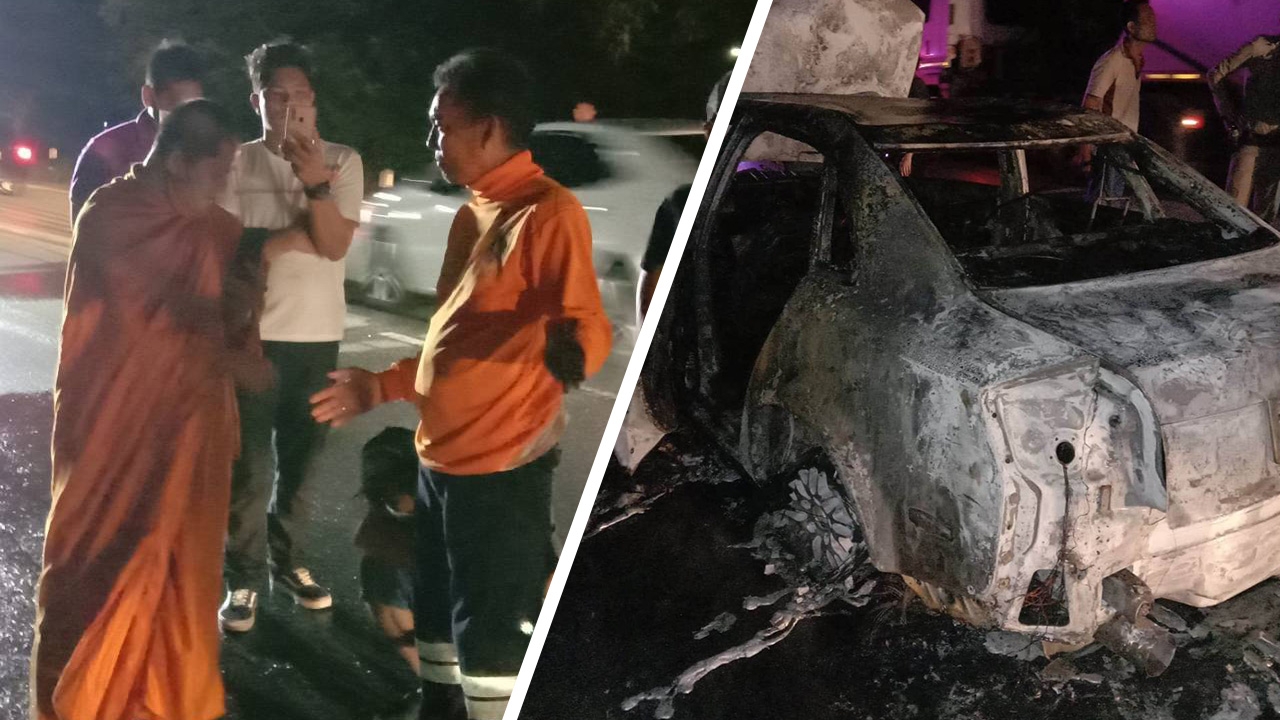 ไฟลุกท่วมเก๋งเจ้าอาวาสวัดดัง ขณะกลับจากงานสวดศพ หนีตายรอดหวุดหวิด