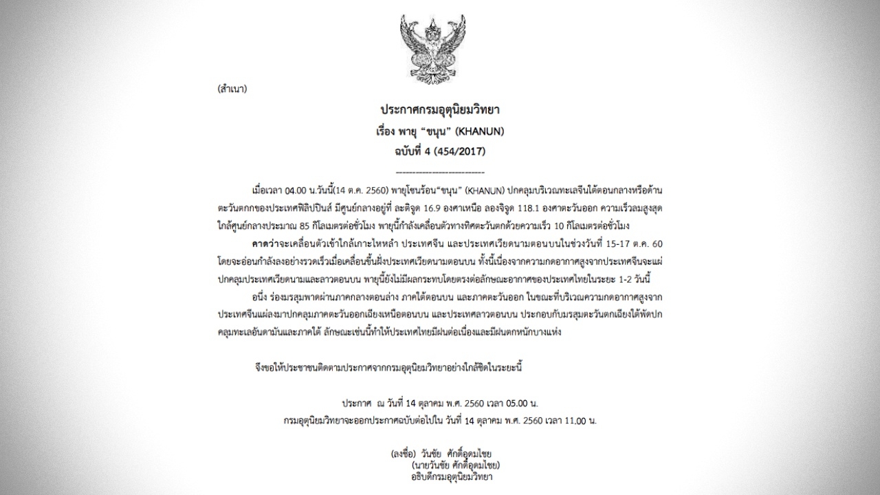 พายุขนุนฉ.4 เข้าจีน-เวียดนาม15-17 ต.ค.ร่องมรสุมพาดผ่านไทย-ฝนตกต่อเนื่อง