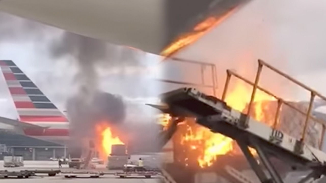 ระทึก ไฟไหม้แรง ใกล้เครื่องบิน อเมริกัน แอร์ไลน์ส ที่ฮ่องกง (คลิป)