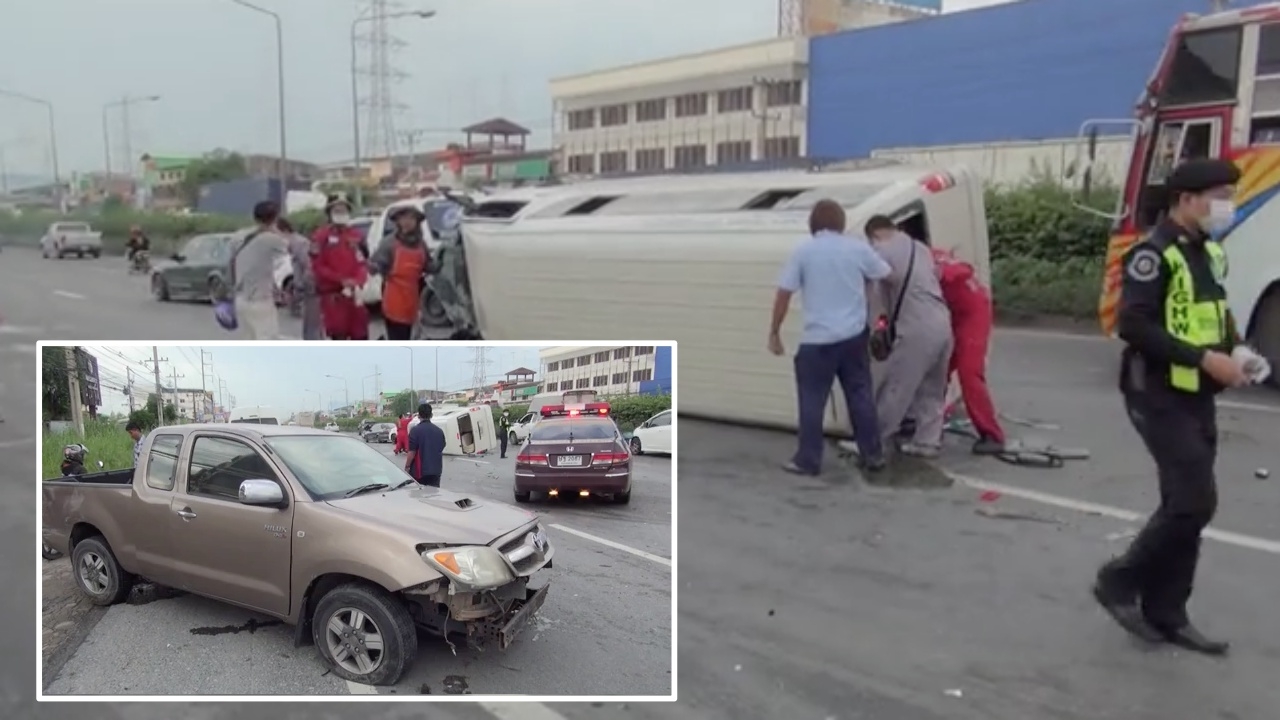 กระบะสาววัย 50 พุ่งข้ามเกาะชนรถตู้ส่งพนักงานที่เมืองชล ตาย 1 เจ็บ 10