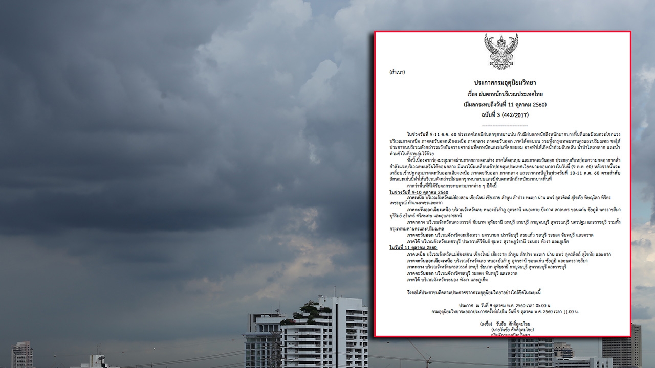 ประกาศฉบับ 3 เตือนไทยรับมือฝนตกหนักไปจนถึง 11 ต.ค.