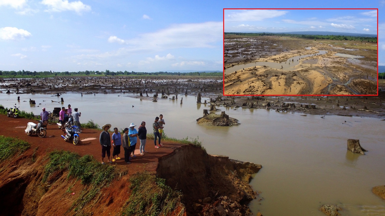 ภาพอ่างเก็บน้ำห้วยทรายขมิ้นที่แห้ง หลังน้ำทะลักท่วมบ้านเรือนในสกลนคร (คลิป)