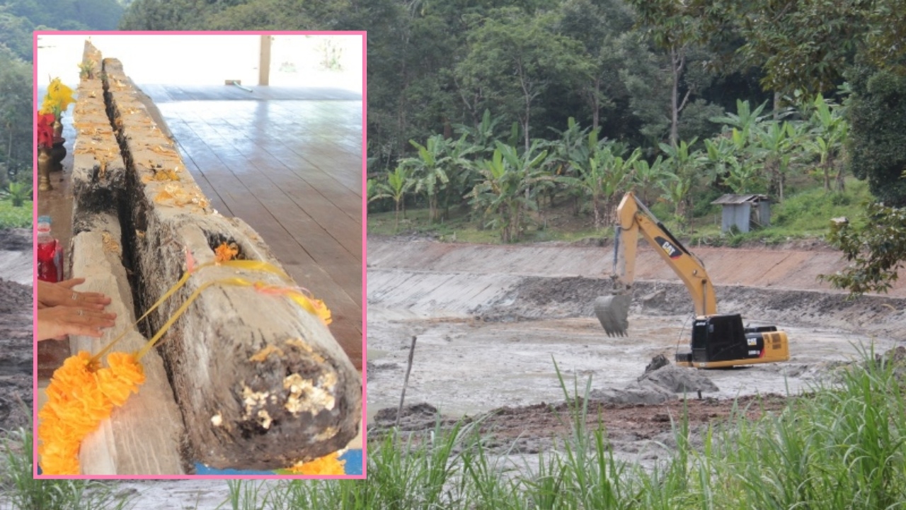 คนขุดเจอชายเข้าฝัน! พบไม้ตะเคียนในสระ คาดเรือพระ อายุไม่ต่ำกว่า 200 ปี
