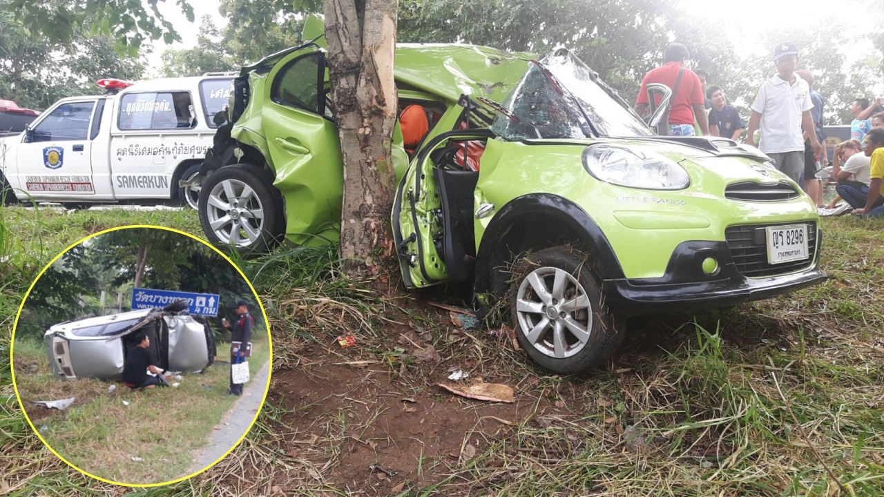 เก๋งแซงไม่พ้น เสยท้ายคันหน้าอัดต้นไม้ข้างทาง คนขับเสียชีวิตคาที่