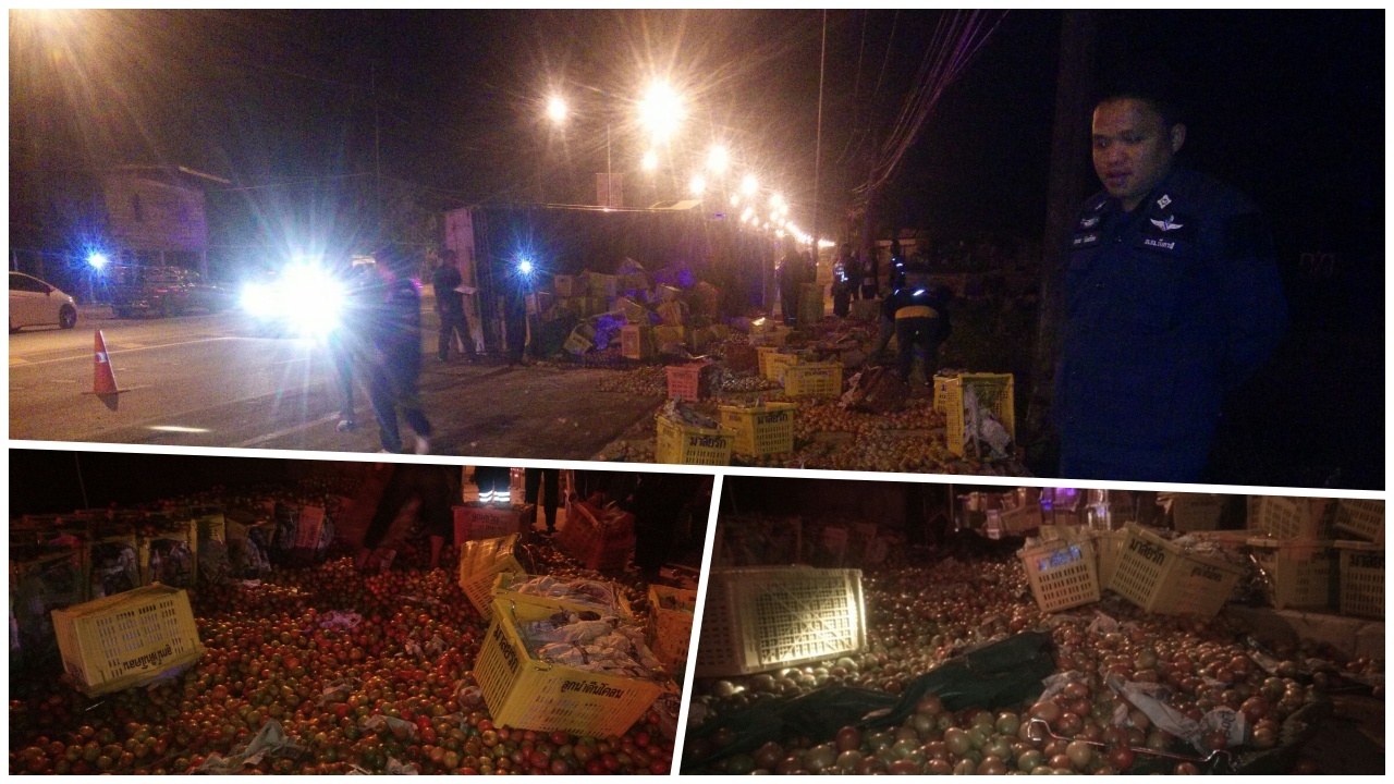 สดๆจากไร่ ไปไม่ถึงตลาดสี่มุมเมือง หกล้อขนมะเขือเทศคว่ำเทกระจาด