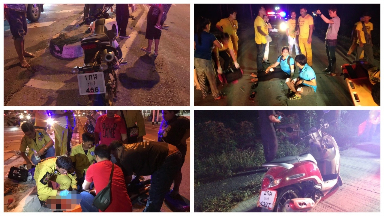 คืนเดียว 2 อุบัติเหตุ จยย.เมืองชล ชนโต๊ะ-ชนเสาไฟเจ็บรวม 3 ราย