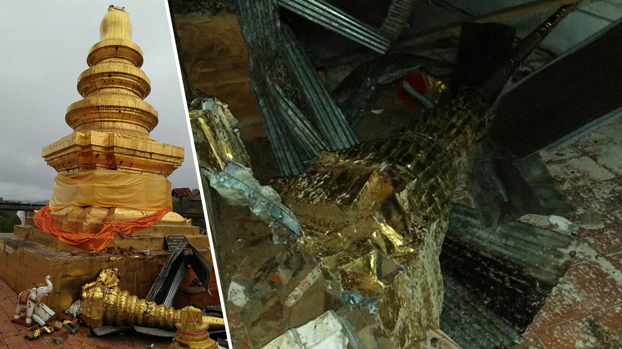 พายุฤดูร้อนที่น่าน ซัดยอดพระธาตุยอยหงส์ อายุกว่า 800 ปี หักโค่น