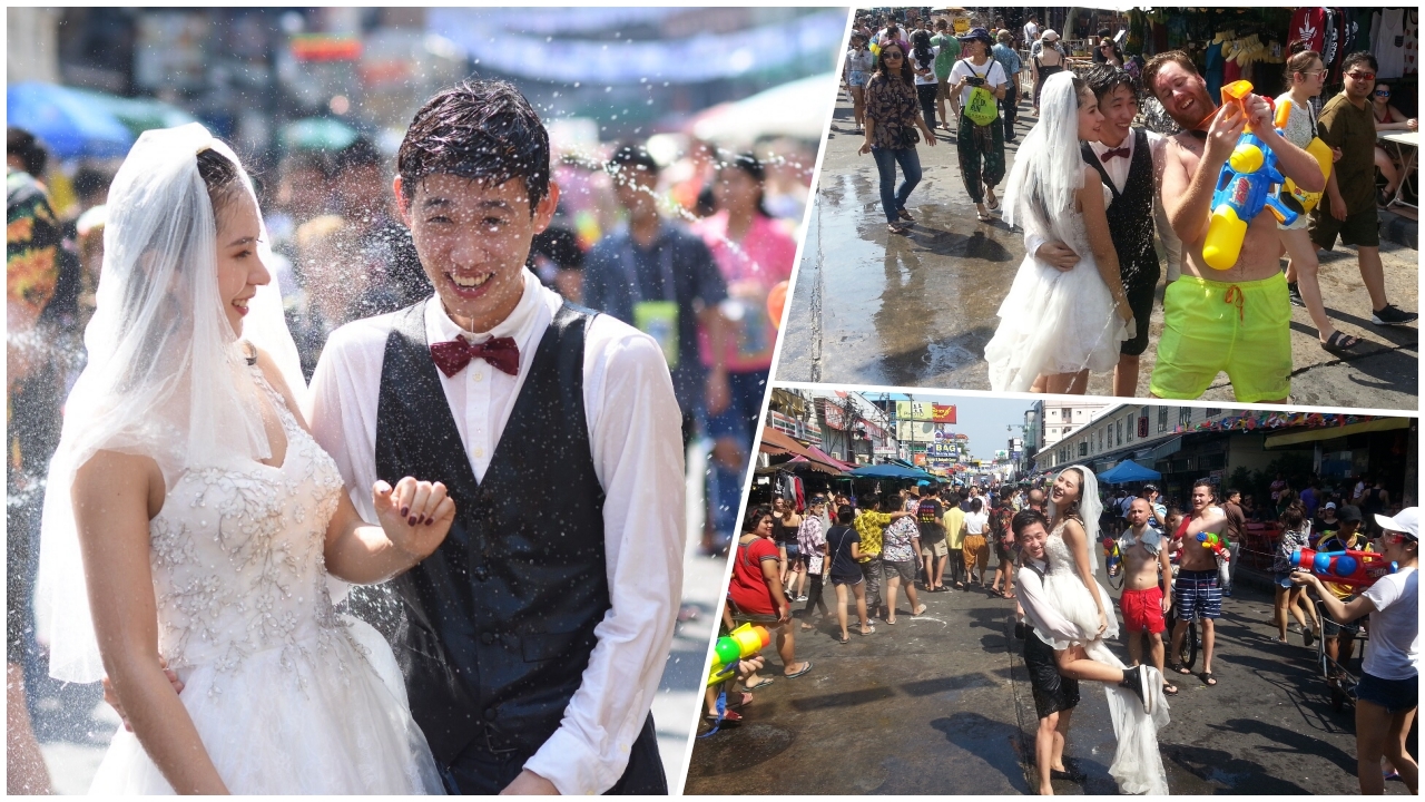 ถนนข้าวสาร สาดน้ำชุ่มฉ่ำ คู่รักจูงมือถ่ายพรีเวดดิ้งกลางสายน้ำ